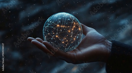 A hand holding a glowing sphere with interconnected lines against a dark starry background scene view