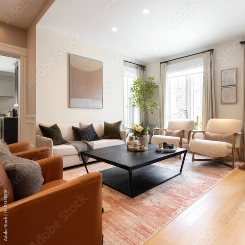 Comfortable living room with large cozy seating, soft rug, and a modern coffee table centerpiece.
