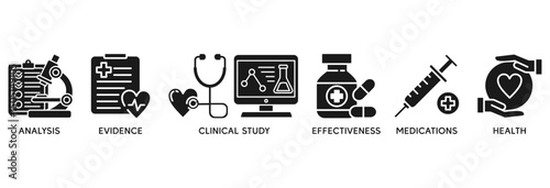 Clinical research icon set vector illustration concept relate to analysis, evidence, clinical study, effectiveness, medications and health