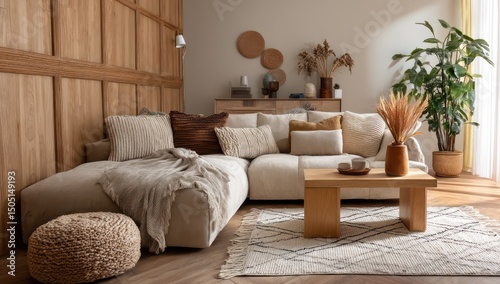 Warm living space with a comfortable sofa, wooden accents, and soft neutral colors throughout.