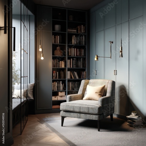 Intimate nook with an armchair, bookshelf, and soft light fixtures for a calming retreat.