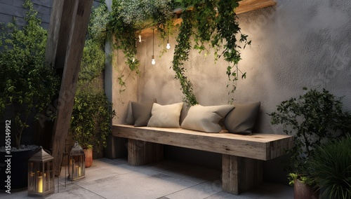 Cozy outdoor space featuring a wooden bench, potted plants, and gentle lighting for relaxation.