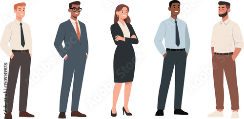 Diverse professional business team standing confidently in formal and casual attire, teamwork, office, leadership, and workplace success concepts