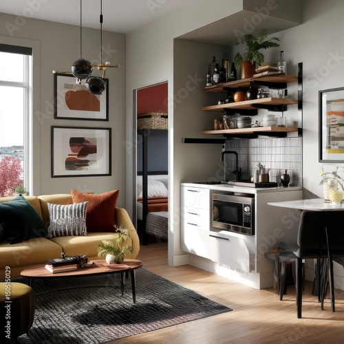 Cozy studio apartment with an open-plan living space, modern kitchen, and stylish decor.