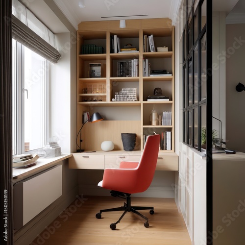 Functional study nook featuring built-in shelves, ergonomic desk, and minimalist decor.