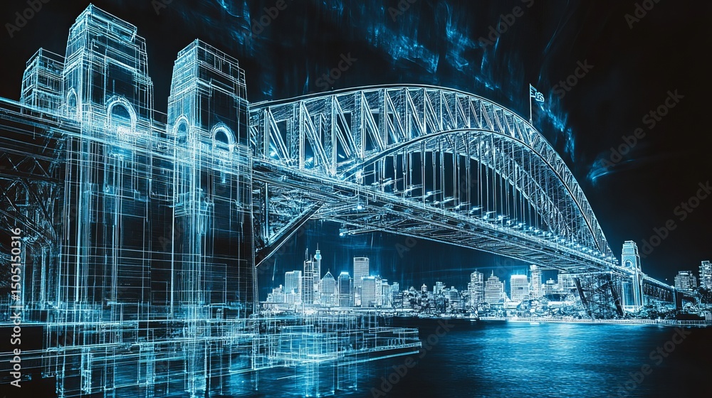 Obraz premium An abstract glowing wireframe of the sydney harbour bridge and cityscape at night over water
