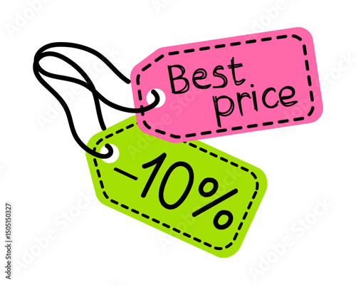 Discount labels showcasing a best price tag and a ten percent off offer in vibrant colors