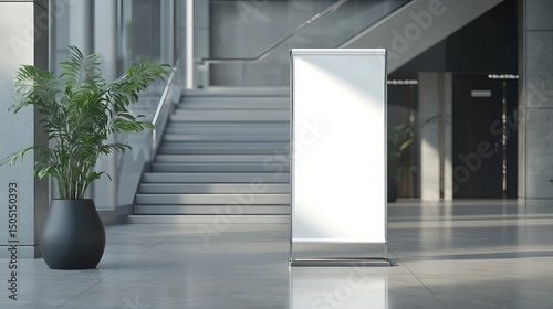 A blank white banner stand in a modern lobby with stairs and a potted plant near a glass wall