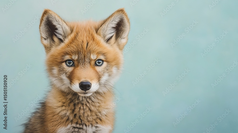 Fototapeta premium Close up portrait of a young fox with blue eyes looking directly at the camera against a blue background