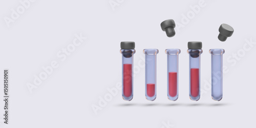 Set Of Glass Test Tubes With Red Liquid And Rubber Caps, Floating In Air, Representing Blood Samples Or Medical Research. Scientific Laboratory Concept On Clean Background. Vector Illustration.