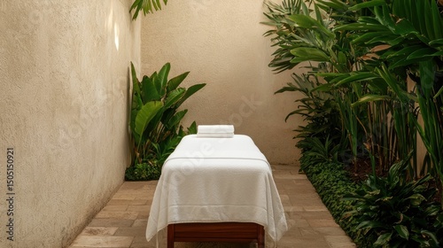 Peaceful outdoor massage area with gentle breezes and lush tropical plants creating a tranquil and serene environment for ultimate relaxation and wellness experience