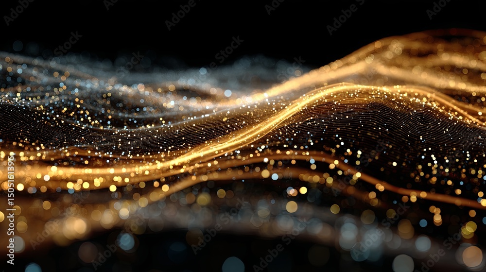 Fototapeta premium Futuristic high-end technology background with gold particle ocean and glowing orange stream line, dynamic abstract digital design conveying innovation, advancement, and premium visual experience