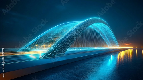 A futuristic bridge illuminated with blue lights spanning over water under a dark blue sky at night