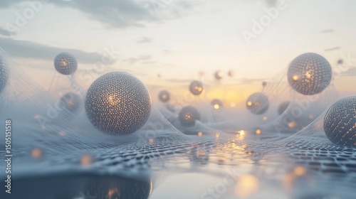 Spheres floating above a grid surface with a hazy sky and a distant light source in the background
