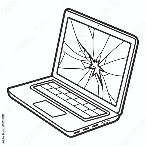 Vector illustration of broken laptop screen with visible cracks, isolated on transparent white background