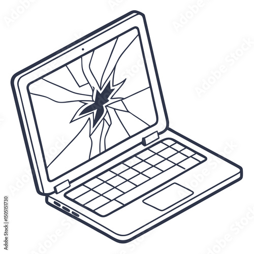 Vector illustration of broken laptop screen with visible cracks, isolated on transparent white background