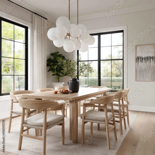 Modern dining area with simple, light wood decor and bright lighting for an elegant feel.