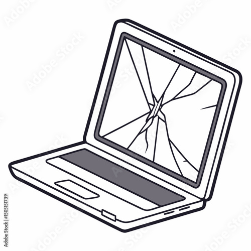 Vector illustration of broken laptop screen with visible cracks, isolated on transparent white background