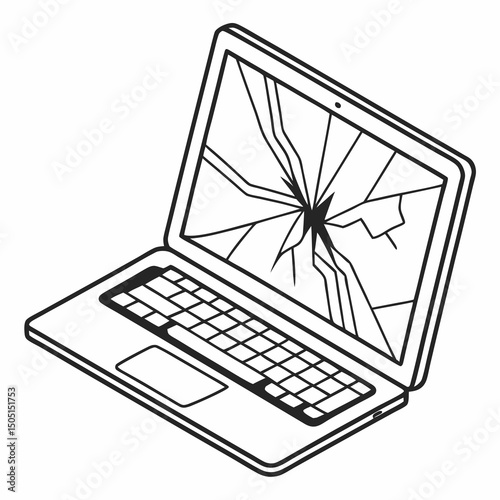 Vector illustration of broken laptop screen with visible cracks, isolated on transparent white background