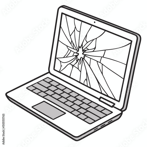 Vector illustration of broken laptop screen with visible cracks, isolated on transparent white background