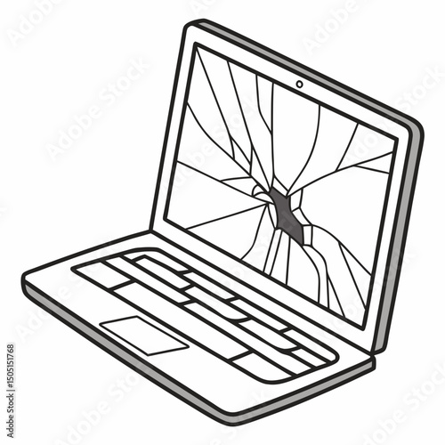 Vector illustration of broken laptop screen with visible cracks, isolated on transparent white background