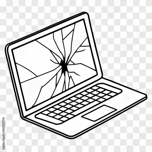Vector illustration of broken laptop screen with visible cracks, isolated on transparent white background