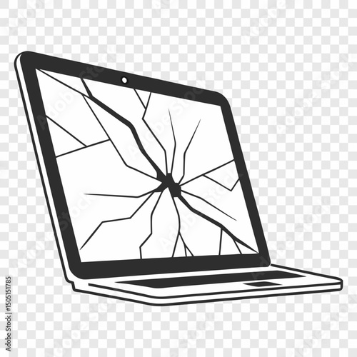 Vector illustration of broken laptop screen with visible cracks, isolated on transparent white background