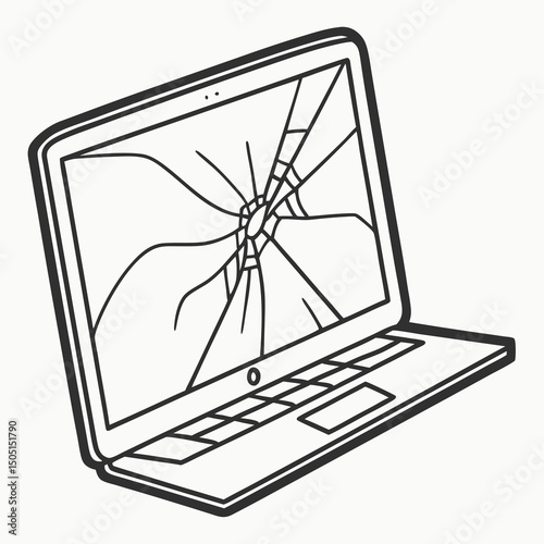 Vector illustration of broken laptop screen with visible cracks, isolated on transparent white background
