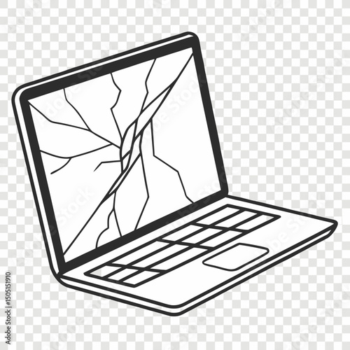 Vector illustration of broken laptop screen with visible cracks, isolated on transparent white background