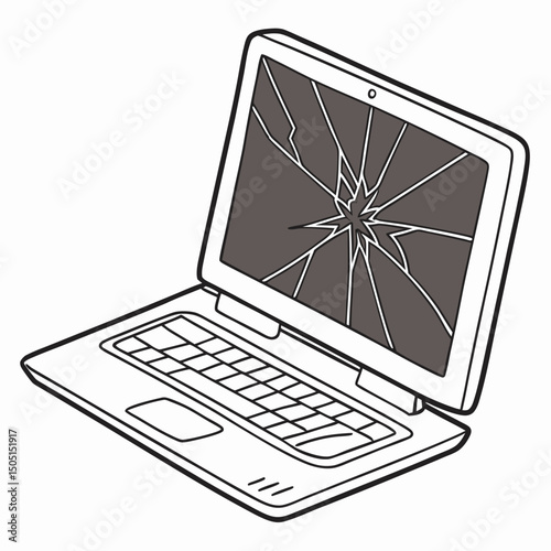 Vector illustration of broken laptop screen with visible cracks, isolated on transparent white background