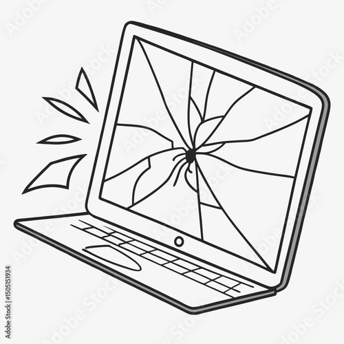 Vector illustration of broken laptop screen with visible cracks, isolated on transparent white background