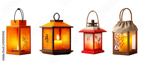 Four Illuminated Lanterns with Warm Glowing Lights and Intricate Designs on Transparent Background
