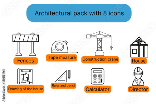 vector architectural icons, project elements, advertising, design, acceleration of navigation, simplification of communication, icons for creating structural illustrations.