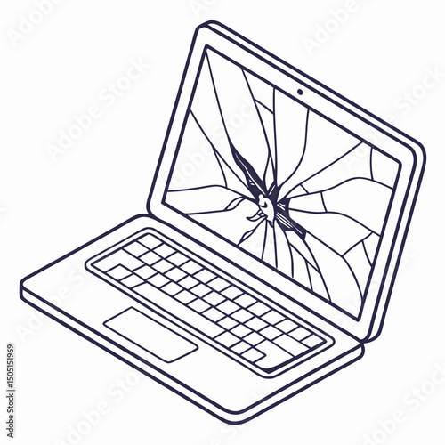 Vector illustration of broken laptop screen with visible cracks, isolated on transparent white background