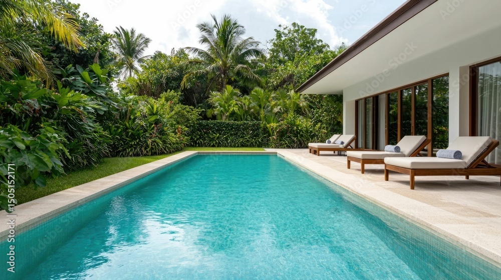 Fototapeta premium Luxurious Tropical Villa with Private Pool and Lush Garden Oasis Inviting Poolside Spa Services Comfortable Lounges and Tropical Decor Enhancing Relaxation and Wellness