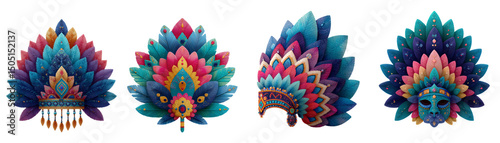 Vibrant Multicolored Ornate Floral Designs with Intricate Geometric Patterns  on Transparent Background