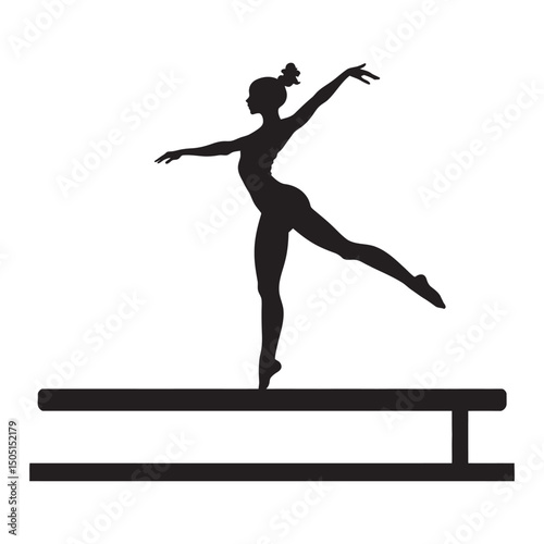 A gymnast balancing on a beam is a black-and-white silhouette vector designed for T-shirts, mugs, posters, and digital prints. Fully scalable and market-ready