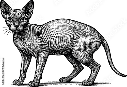 Sphynx full body side view and facing towards the front vector black silhouette cricut print design isolated on a plain white background