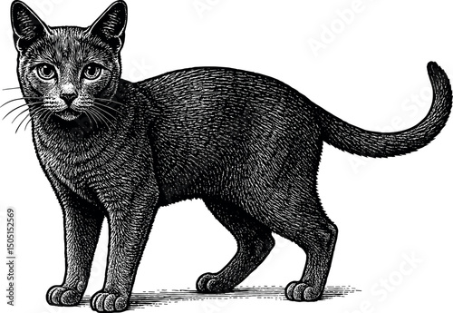 Russian Blue full body side view and facing towards the front vector black silhouette cricut print design isolated on a plain white background