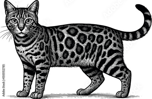 Bengal full body side view and facing towards the front vector black silhouette cricut print design isolated on a plain white background