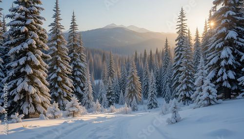 Snow-covered pine forest in golden hour lighting
