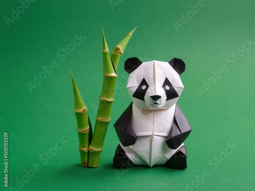  A delicate origami panda gracefully rests against a lush bamboo background
