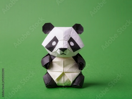  A delicate origami panda gracefully rests against a lush bamboo background
