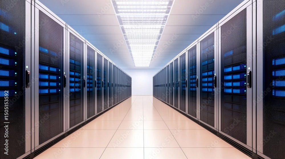 Fototapeta Modern data center corridor with rows of illuminated server racks and bright overhead lighting.
