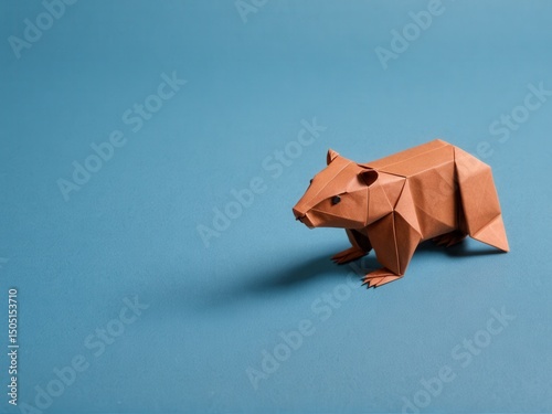  A delicate origami beaver gracefully contrasts against a serene river blue backdrop