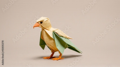  A delicately folded origami falcon chick stands out against a soft ash backdrop