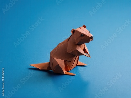  A delicate origami beaver gracefully contrasts against a serene river blue backdrop