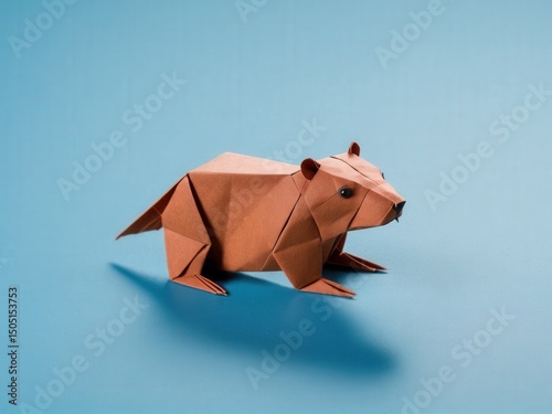  A delicate origami beaver gracefully contrasts against a serene river blue backdrop