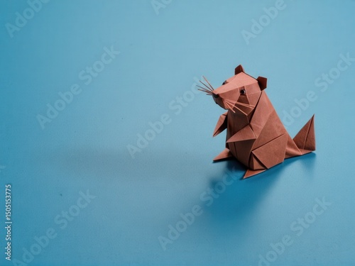  A delicate origami beaver gracefully contrasts against a serene river blue backdrop