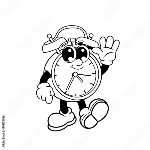 Retro character design of friendly alarm clock outline